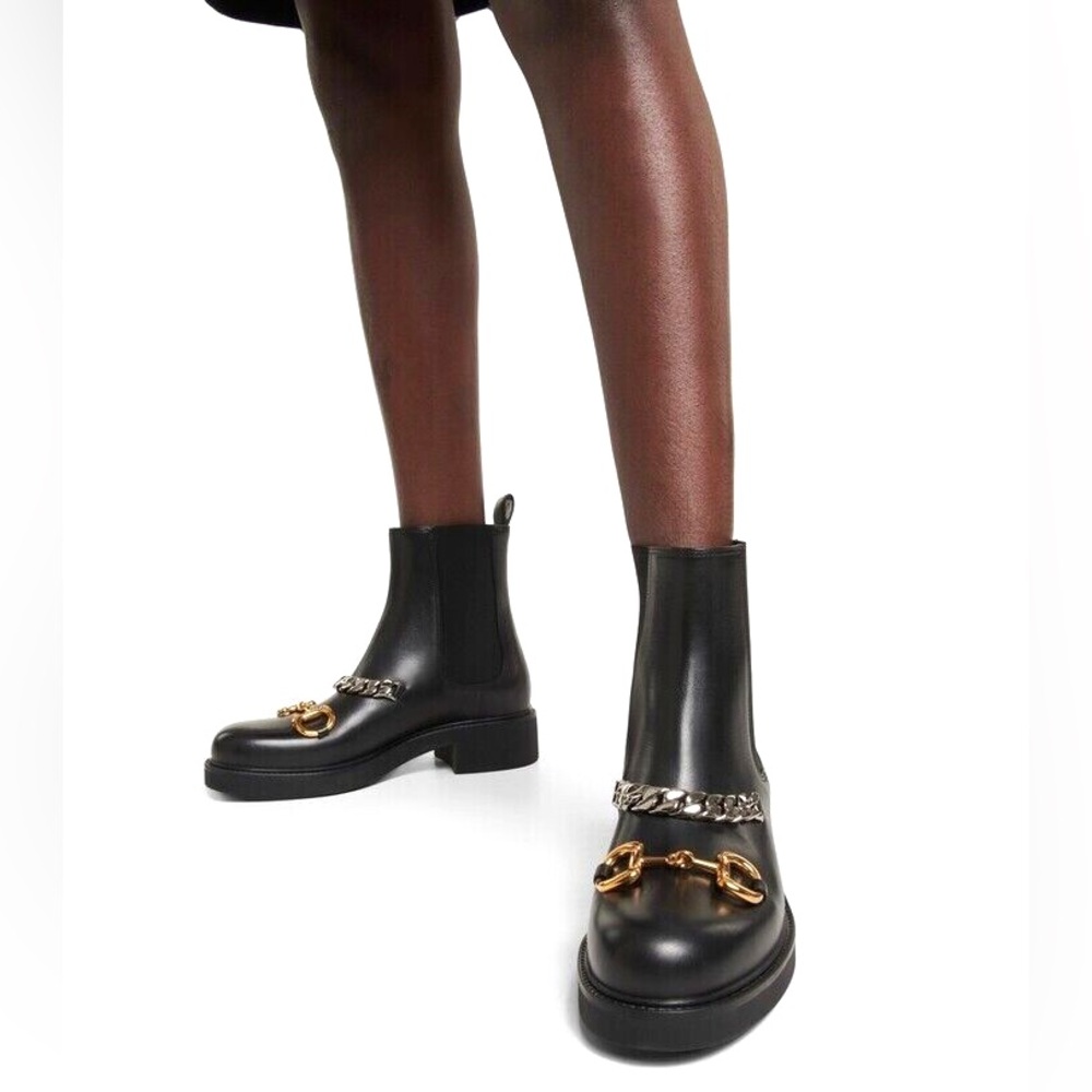 Gucci Horsebit & Chain Black Leather Chelsea Boots
